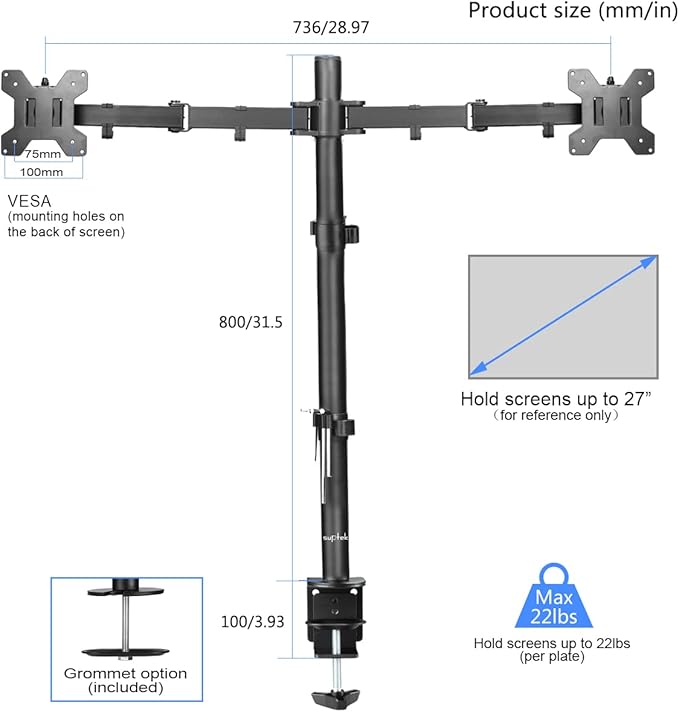 Suptek Dual Monitor Desk Mount, Adjustable Dual Monitor Arm - Image 2