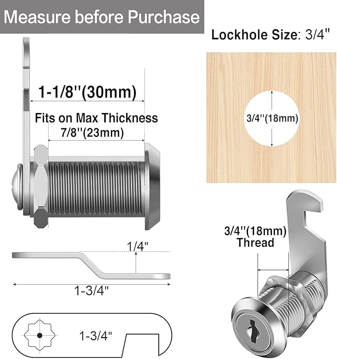 Cabinet Cam Locks Keyed Alike, 1-1/8'' Fits on7/8'' Max Door Thickness - Image 3