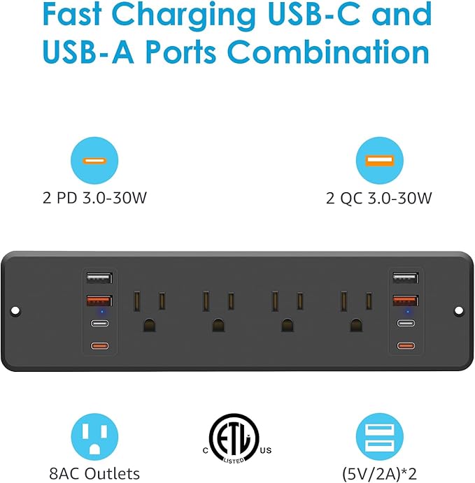 HHSOET 8 Outlet Recessed Power Strip, 30W Fast Charging Furniture Power Outlet - Image 4