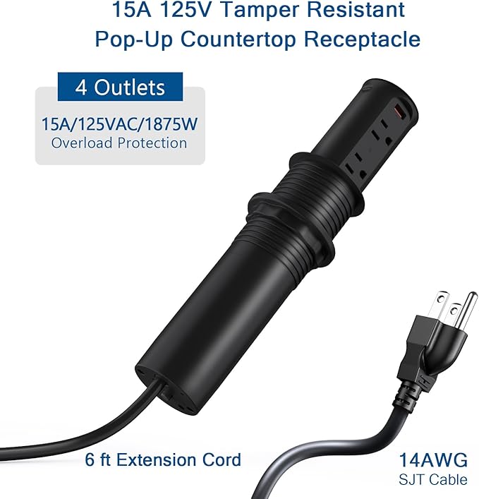 Pop up Outlet for Countertop, 65W USB C Fast Charging Port, 2.5-inch Hole - Image 5