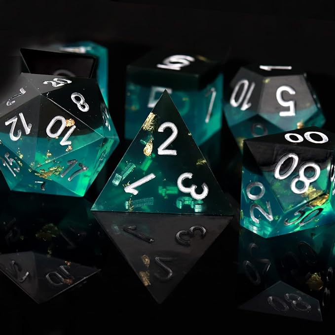 Haxtec Sharp Edge DND Dice Set Blue Black Resin Dice Gold Flakes D&D Dice - Image 2