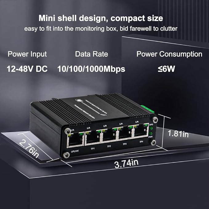 Mini 5 Port Industrial Gigabit Ethernet Switch, Unmanaged Hardened Network - Image 2