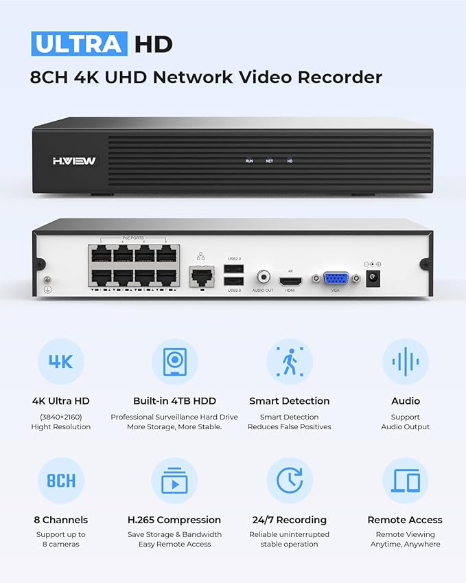 H.VIEW 8CH 4K CCTV Camera Security System, 4TB HDD, Trigger Color Night Vision - Image 8