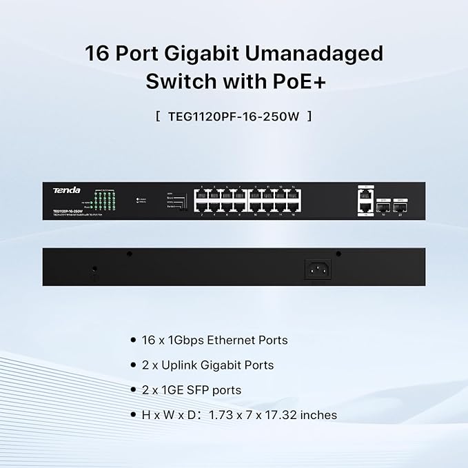 Tenda TEG1120P-16-250W, 16 Port Gigabit PoE Switch Compatible - Image 2