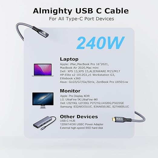 Type C Cable 6.6ft 2m, 240W 48V/5A USBC to USB C 3.2 Gen2×2 Extension Cable - Image 6