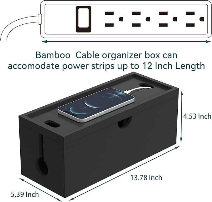 Bamboo Cable Management Box, Large Cord Organizer Box Cable Box to Hide Wires & - Image 3