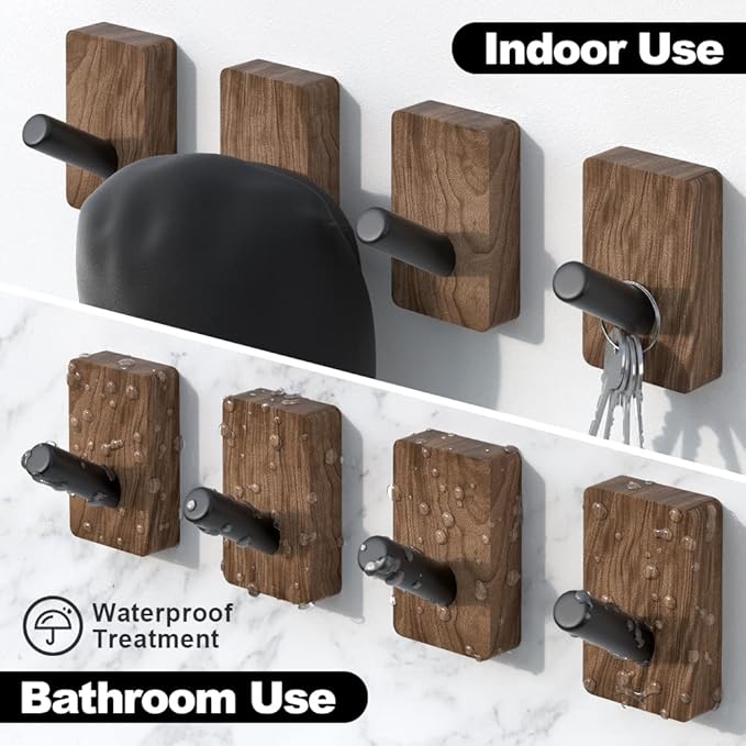 4 PCS Black Walnut Wood Wall Hooks, Adhesive Mounted & Wall Mounted Rustic - Image 4