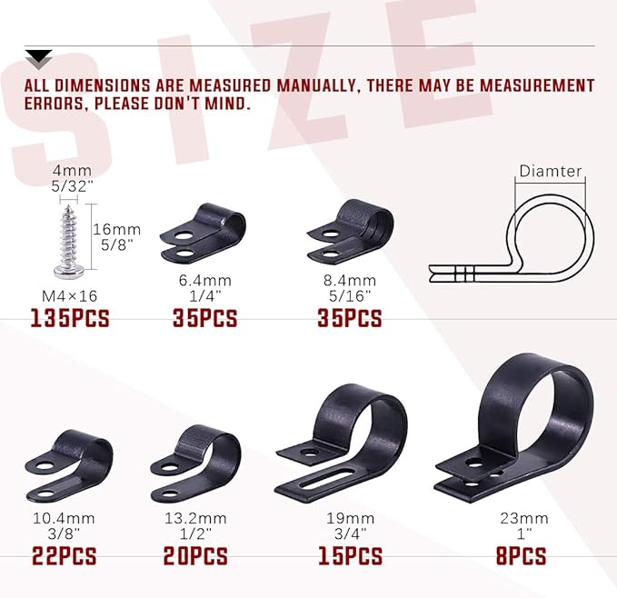 Hilitchi 135 Pcs 6 Sizes Black Plastic Cable Clamp R Type Screw Mounting Cord - Image 2