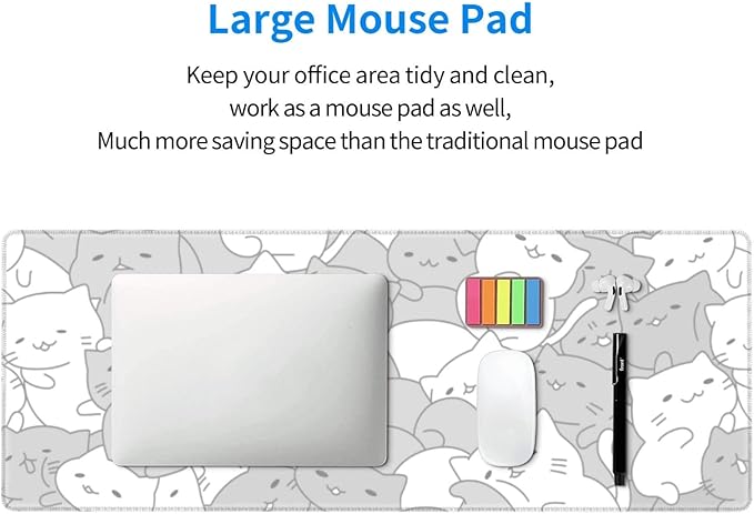 White Kawaii Cats E-Sport Mouse Pad Large Desk Mat Non-Slip Rubber Base - Image 5