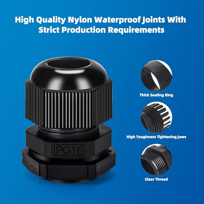 Cable Gland 20 Pack Plastic Waterproof Adjustable Connector 9-14mm PG16 Strain - Image 5