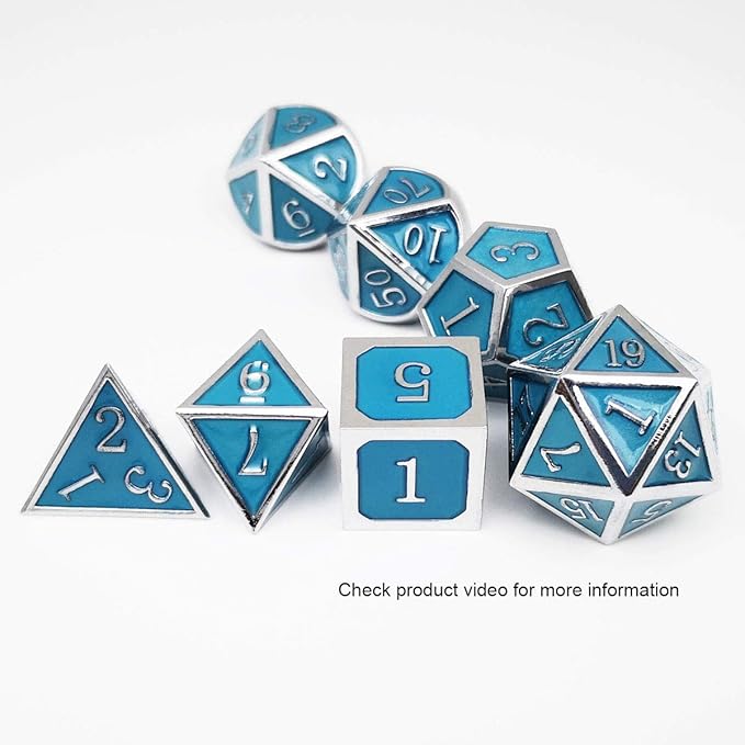 Haxtec Glow in The Dark Metal Dice Set D&D Glowing Blue Silver W/Dragon Dice - Image 5