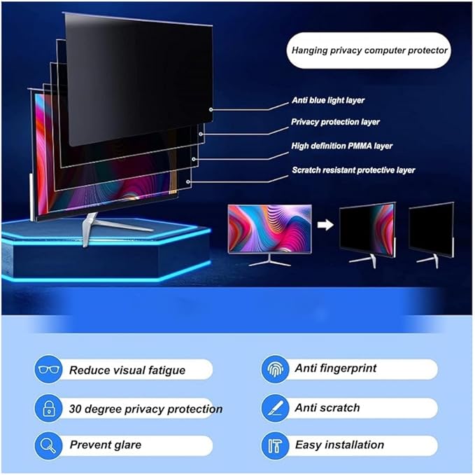 24 inch Hanging Monitor Computer Privacy Screen Filter, Anti Glare Blue Light - Image 7