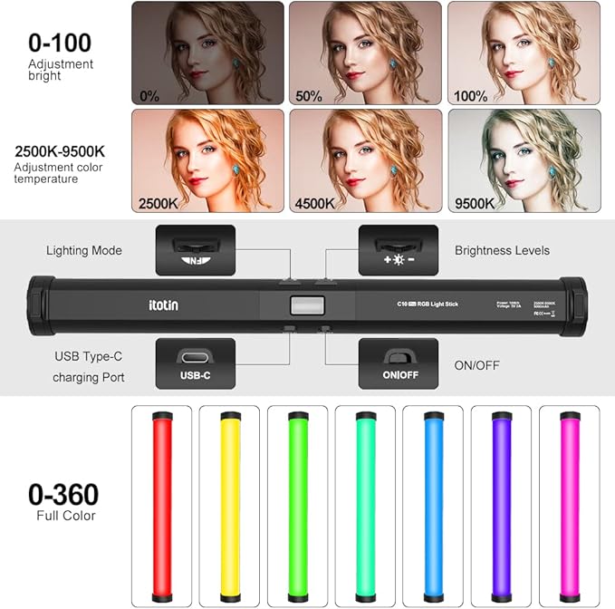 RGB Photography Light Wand Stick, 360° Full Color Portable LED Lighting Wand - Image 2