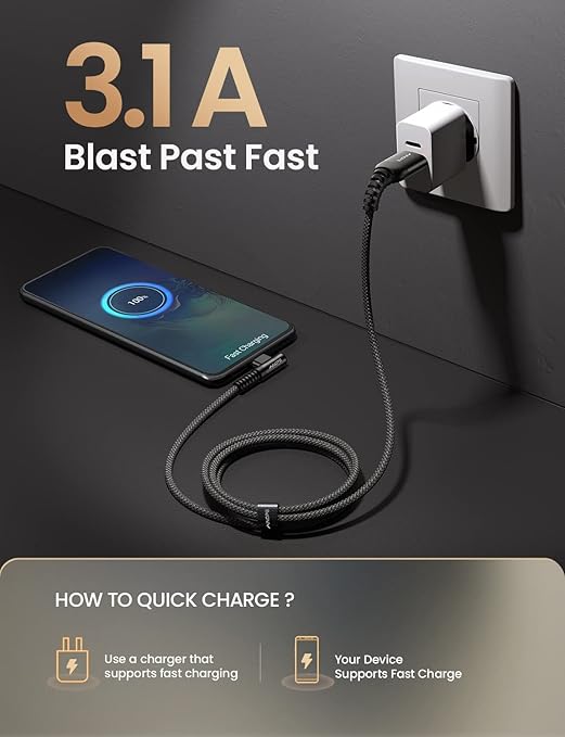 AINOPE 2-Pack Type C Charging Cable 3.1A Fast Charge, Right Angle USB C Cable - Image 5