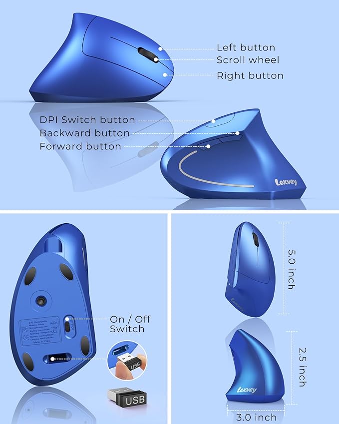 Lekvey Ergonomic Mouse, Vertical Wireless Mouse Rechargeable 2.4G USB Optical - Image 6