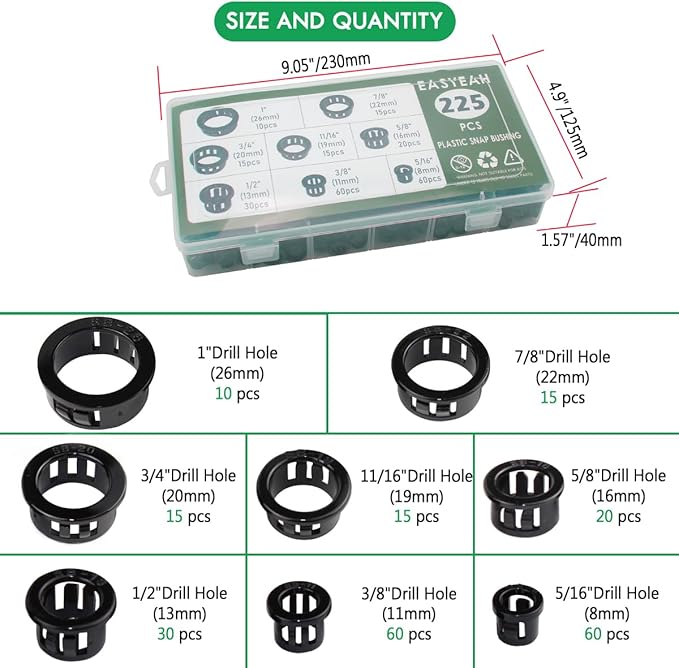 225 Pcs 8 Sizes Cable Snap-in Knockout Insulating Bushing Grommets Assortment - Image 3