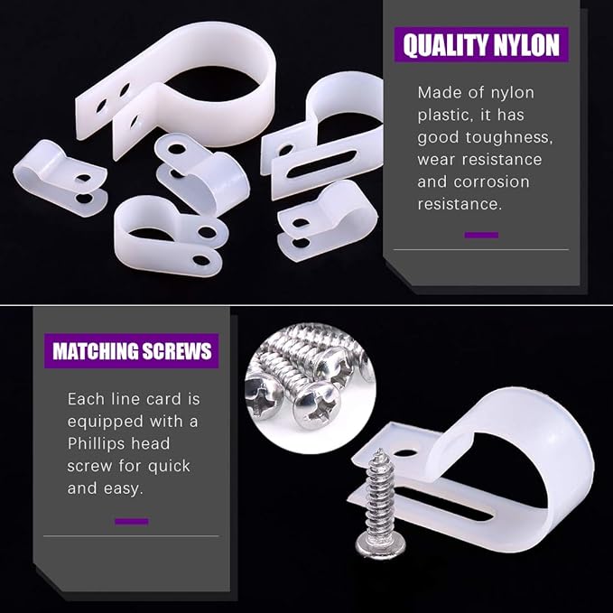 Swpeet 135 Pack 6 Sizes White Nylon Plastic R-Type Cable Clips Clamp Assortment - Image 3