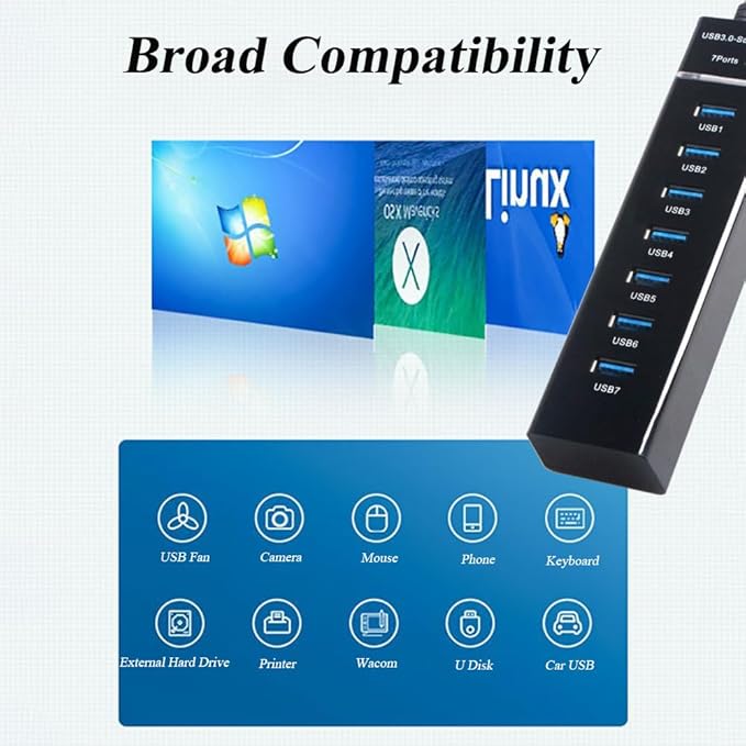 7 Ports USB Hub, High Speed Data Transmission USB Adapter, Compatible - Image 3