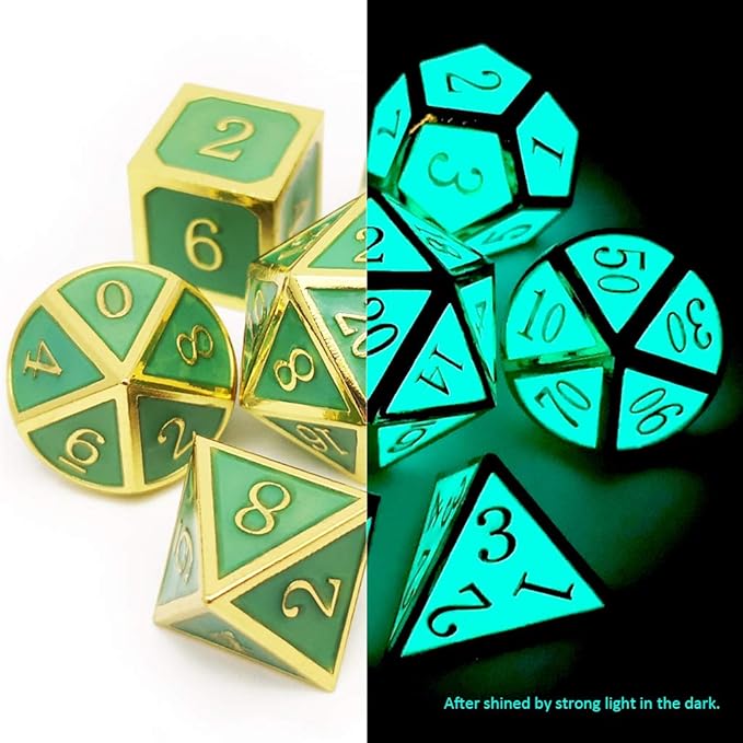 Haxtec Glow in The Dark Glowing Blue Metal Dice Set D&D W/Dragon Dice Bag 7PCS - Image 4