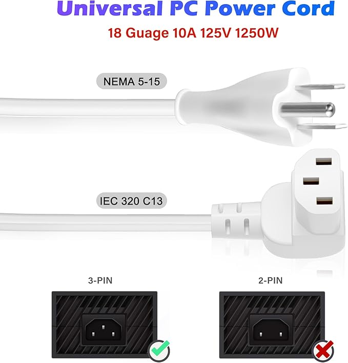 Adoreen 4 Ft Computer TV Replacement Power Cord White, 90 Degree Angled - Image 4