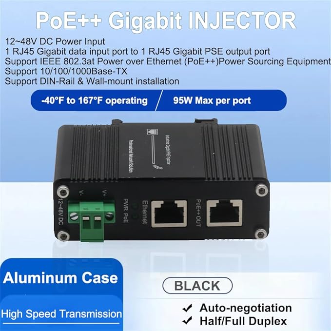 Industrial PoE++ Gigabit Injector 12-48VDC Input - Image 3