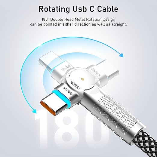 USB C Cable 3.3ft 240W Braided 180°Rotating USB C to USB C Cable USB 2.0 - Image 2