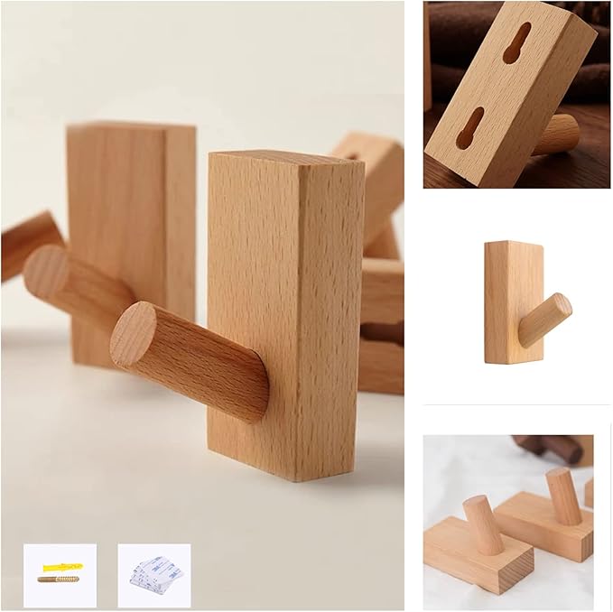 HomeDo 4Pack Adhesive Wall Hooks Hat Rack, Wooden Coat Hooks Wall Mounted - Image 2