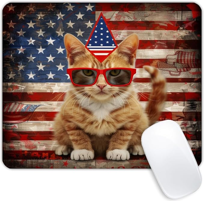 Square Mouse Pad Cat with Patriotic Hat and Glasses Flag-1, Gaming Mouse Pads by Goodsprout
