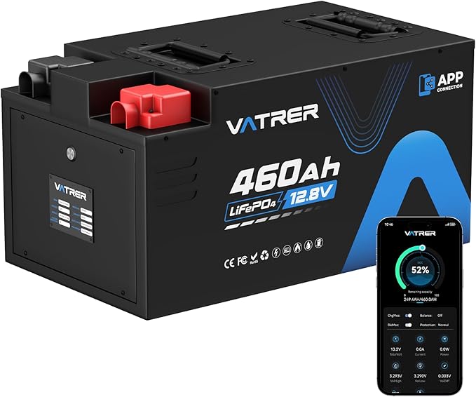12.8V 460Ah Low Temp Cutoff LiFePO4 RV Battery, APP Monitoring, Built-in 300A by VATRERPOWER