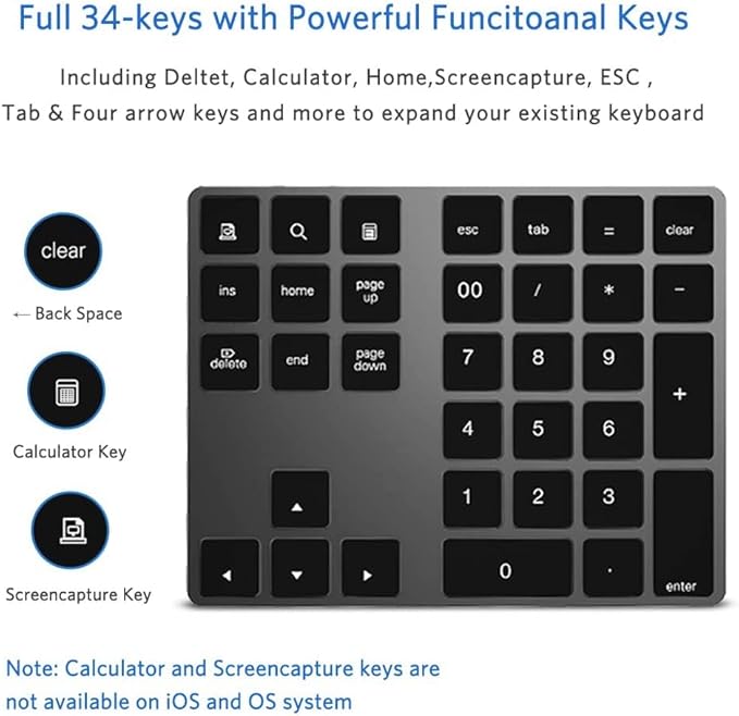 Bluetooth Number Pad, Aluminum Rechargeable Numeric Keypad Wireless 34-Keys - Image 2