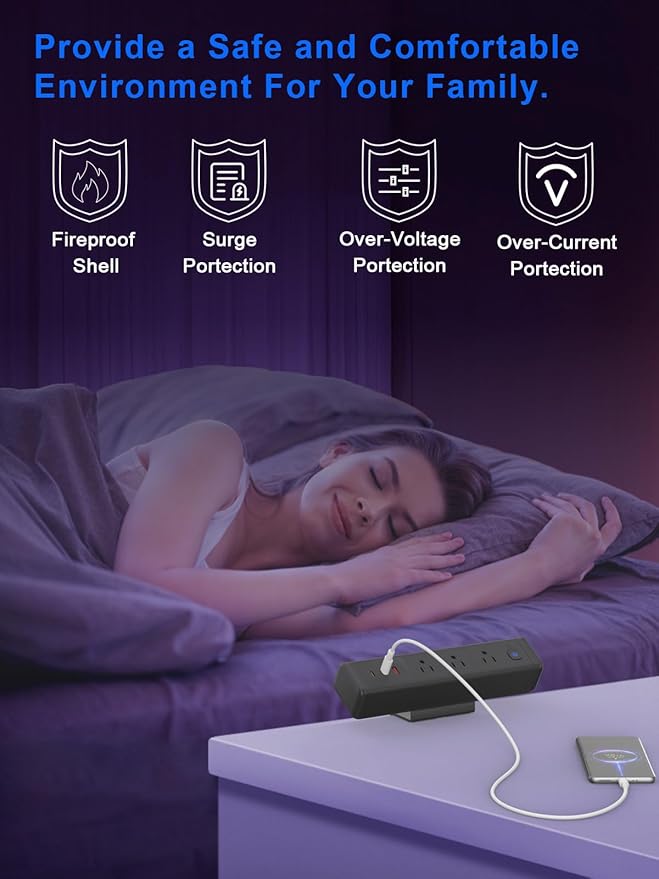 Desk Clamp Power Strip with 65W USB-C&USB A Ports 3 AC Outlet, Nightstand Edge - Image 5