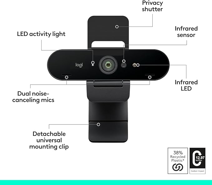 Logitech Brio 4K Webcam, Video Calling, Noise-Cancelling mic, HD Auto Light - Image 8