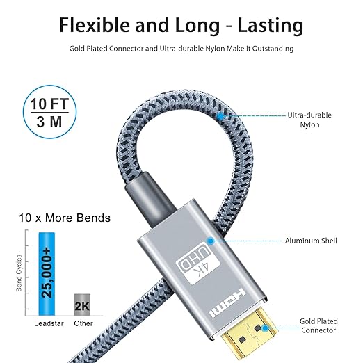 LEADSTAR HDMI Cable 4K 10 ft / 3m, High Speed HDMI 2.0 Cord Braided | 4K@60Hz - Image 3