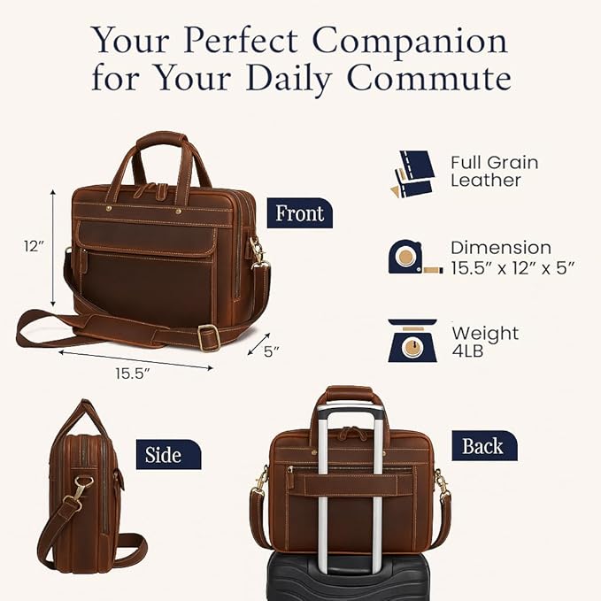 Luxorro Full Grain Leather Briefcase - Image 3