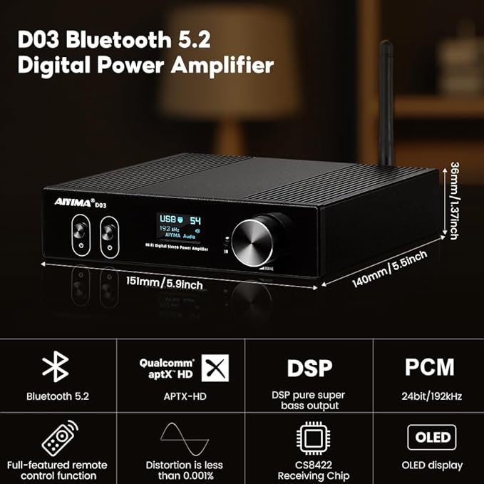 AIYIMA D03 Bluetooth 5.0 DAC Amplifier 150 Watt x 2 Stereo HiFi 2.1 CH Digital - Image 3