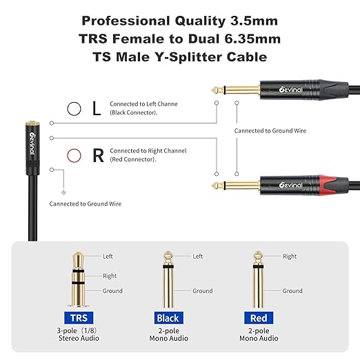 Devinal 3.5mm to Dual 1/4 Y Splitter Cable, 1/8" Female TRS to Dual 6.35mm TS - Image 6
