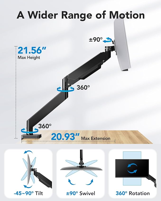 HUANUO Ultrawide Monitor Arm for 13 to 43 Inch Screens, Single Heavy Duty - Image 5