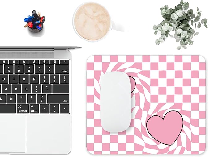 Mouse Pad, Cute Pink Checkered Heart Mouse Pads - Image 6