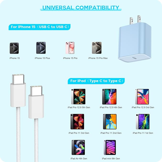20W USB C Fast Charger iPhone 16 Fast Charging, Apple 15 Charger Block 6ft C to - Image 2