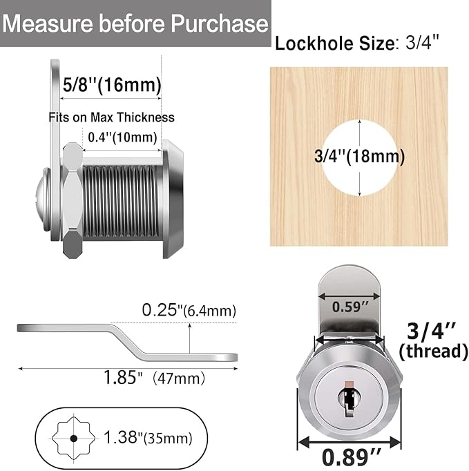 Cabinet Cam Locks Keyed Alike, 5/8'' Fits on 3/8'' Max Door Thickness, Secure - Image 4
