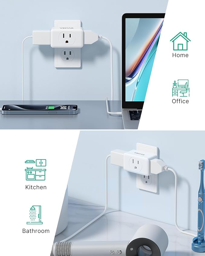 Multi Plug Outlet Extender, VINTAR 3 Outlet Adapter, Grounded Wall Tap Adapter - Image 6