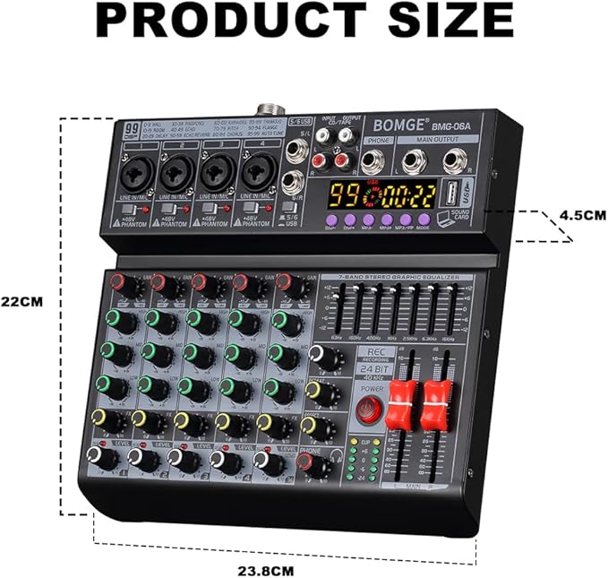 BOMGE 06A Professional 6 Channel DJ Audio Mixer, DJ Controller Sound Mixer - Image 9