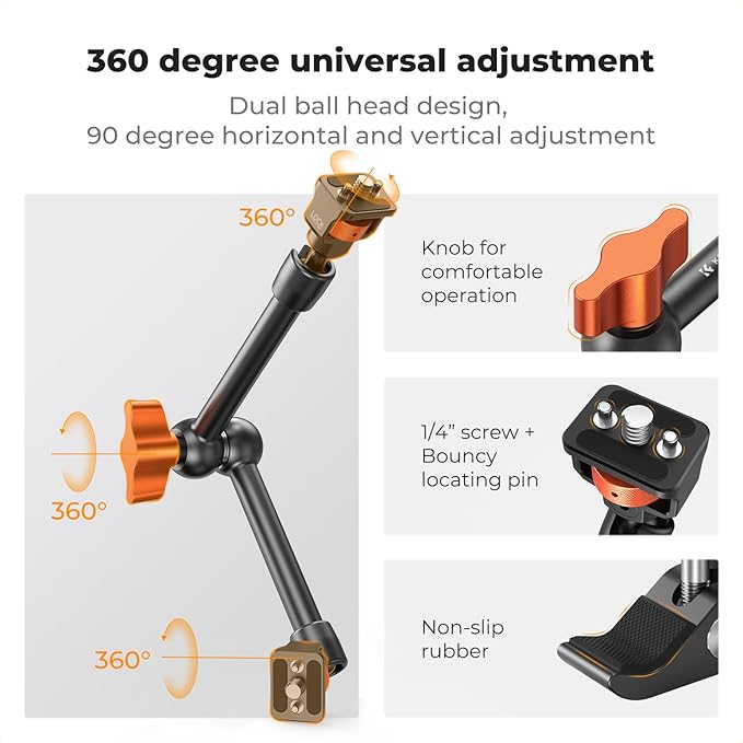 K&F CONCEPT 11" Magic Arm 1/4" Screw 360° Ball Heads Articulating Friction - Image 5