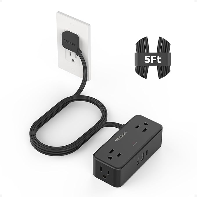 TESSAN Black Extension Cord 5 Ft, Flat Surge Protector Power Strip by TESSAN