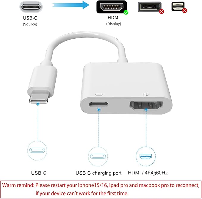 AIRSKY USB C to HDMI Adapter for iPhone 15/16, USBC to HDMI Adapter for iPhone - Image 4