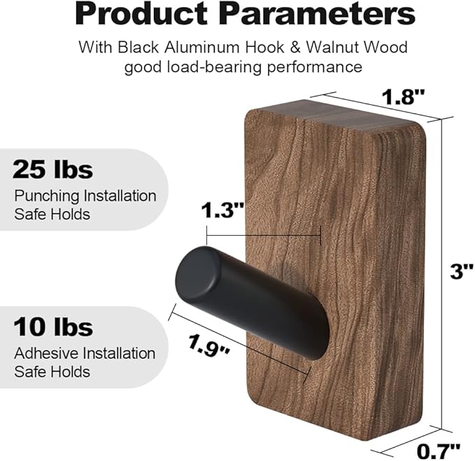 4 PCS Black Walnut Wood Wall Hooks, Adhesive Mounted & Wall Mounted Rustic - Image 2