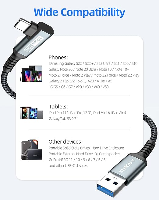 Carplay Cable 0.8FT, 10Gbps Right Angle USB A to C 3.1 Gen 2 High Speed Data - Image 7