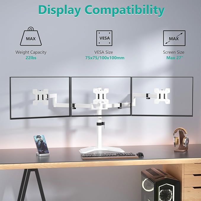 WALI Triple Monitor Stand, Free Standing Three LCD Monitor Fully Adjustable - Image 3