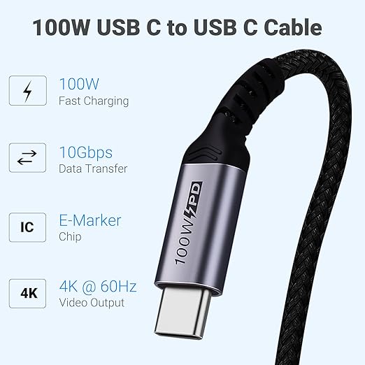 USB C 3.1 Data Cable 10FT 2 Packs, Right Angle 100W Gen 2 Fast Charging 10Gbps - Image 2