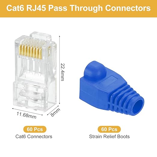 MECCANIXITY 60pcs Cat6 RJ45 Pass Through Connectors, RJ45 Connector 8P8C Gold - Image 2